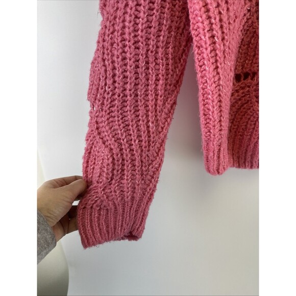 Slate And Willow Pink Open Knit Sweater Cardigan Crochet Button Womens Medium - Picture 2 of 10